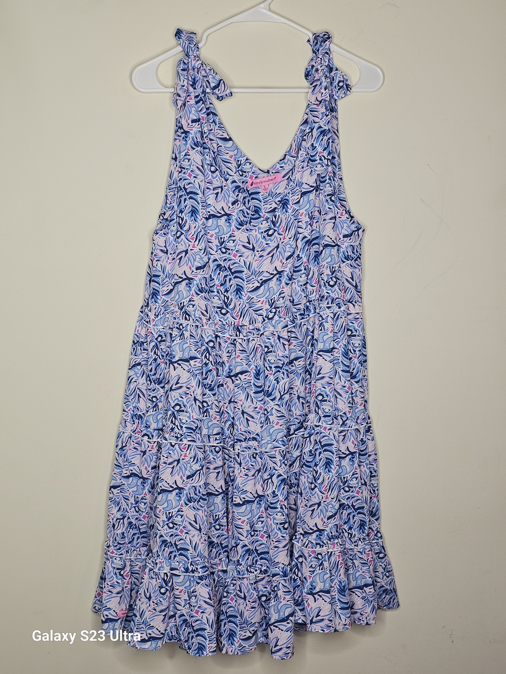 Simply Southern Leaf Print Women Dress Tie Strap Blue Pink Floral Size L